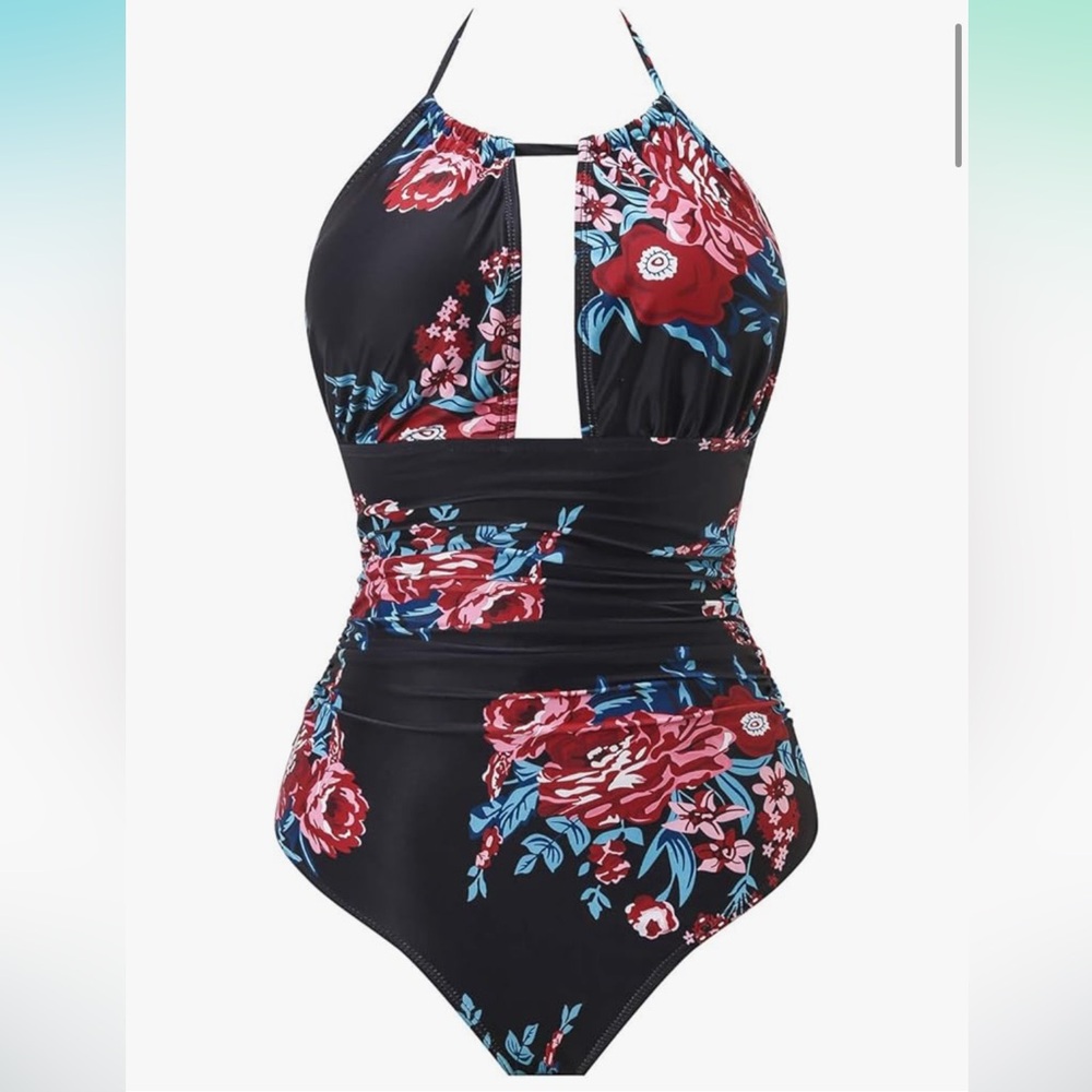 NWOT Women’s One Piece Swimsuit Deep Plunge Halter High Waisted Tummy Control